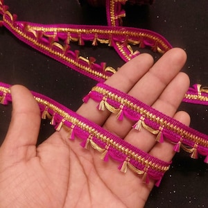 Indian Gold and Purple Tassels Fringe Lace Trim With Embellishment Border For Crafting, Sewing And Cloth Accessories.