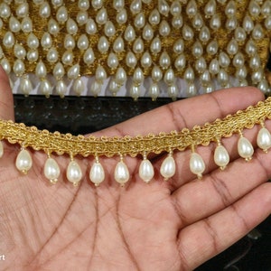 Indian Gold and White Beaded Tassels Lace Trim For Dress Embellishments For Crafting, Sewing And Cloth Accessories