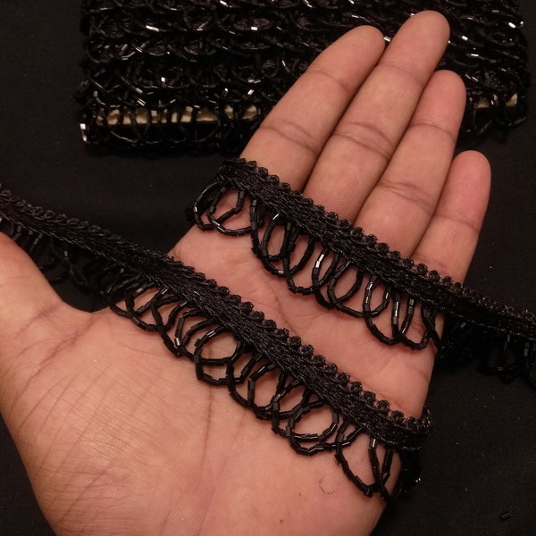 Indian Black Beaded Floral Fringe Lace Trim For Decoration Of Dresses With Embellishment Border For Crafting, Sewing And Cloth Accessories