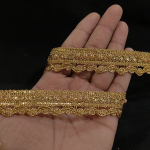 Indian Gold Beaded Floral Fringe Lace Trim For Decoration Of Dresses With Embellishment Border For Crafting, Sewing And Cloth Accessories