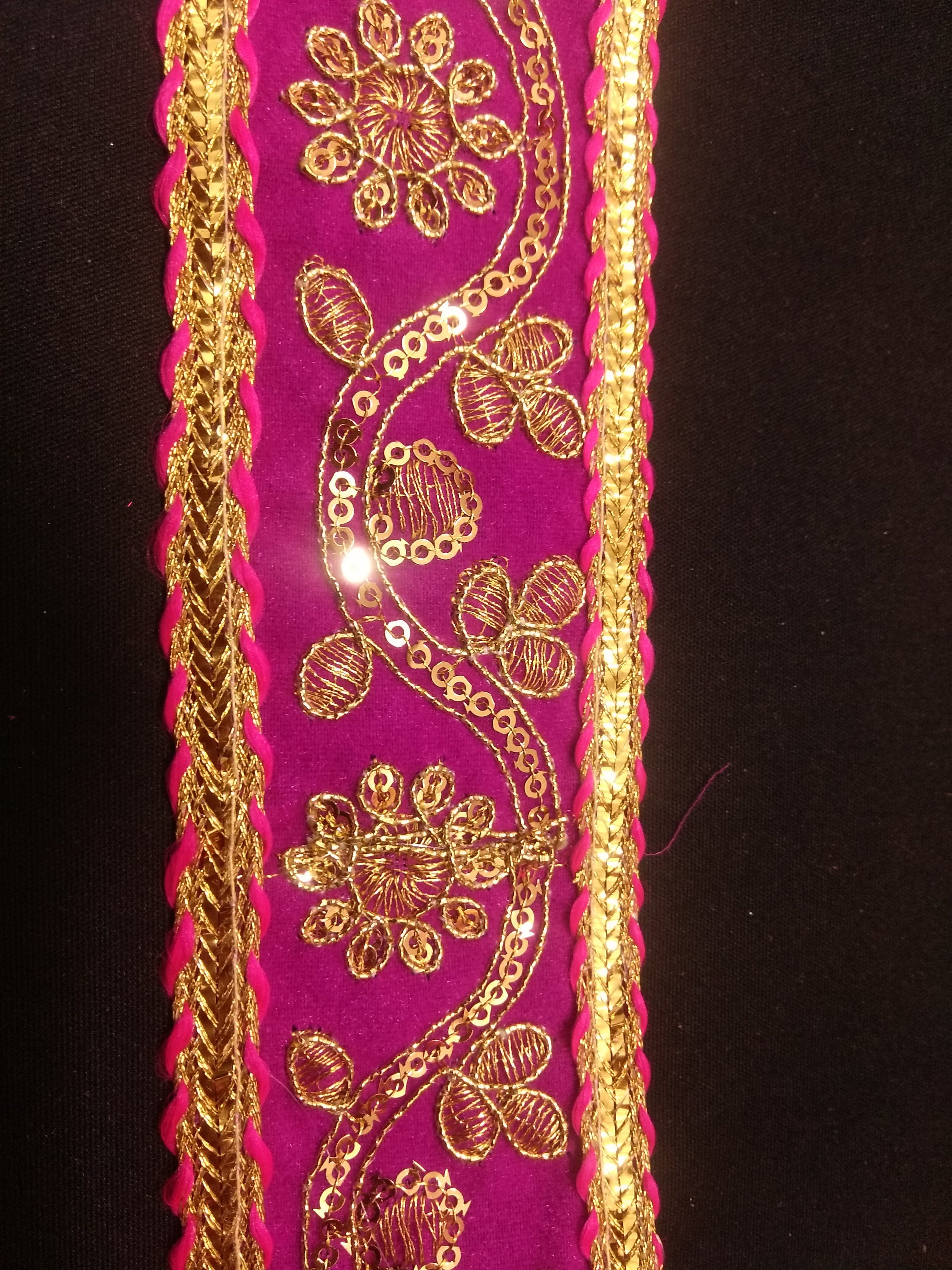Indian Pink and Gold Floral Embroidered Sequin Jacquard Ribbon | Etsy