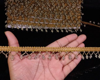 Indian Gold Beaded Tassel Lace Trim: Embellishment Border