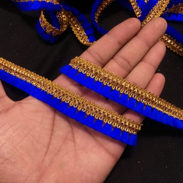 Indian Gold and Blue Indian hand work Tassels Fringe Lace Trim With Embellishment Border For Crafting, Sewing And Cloth Accessories.