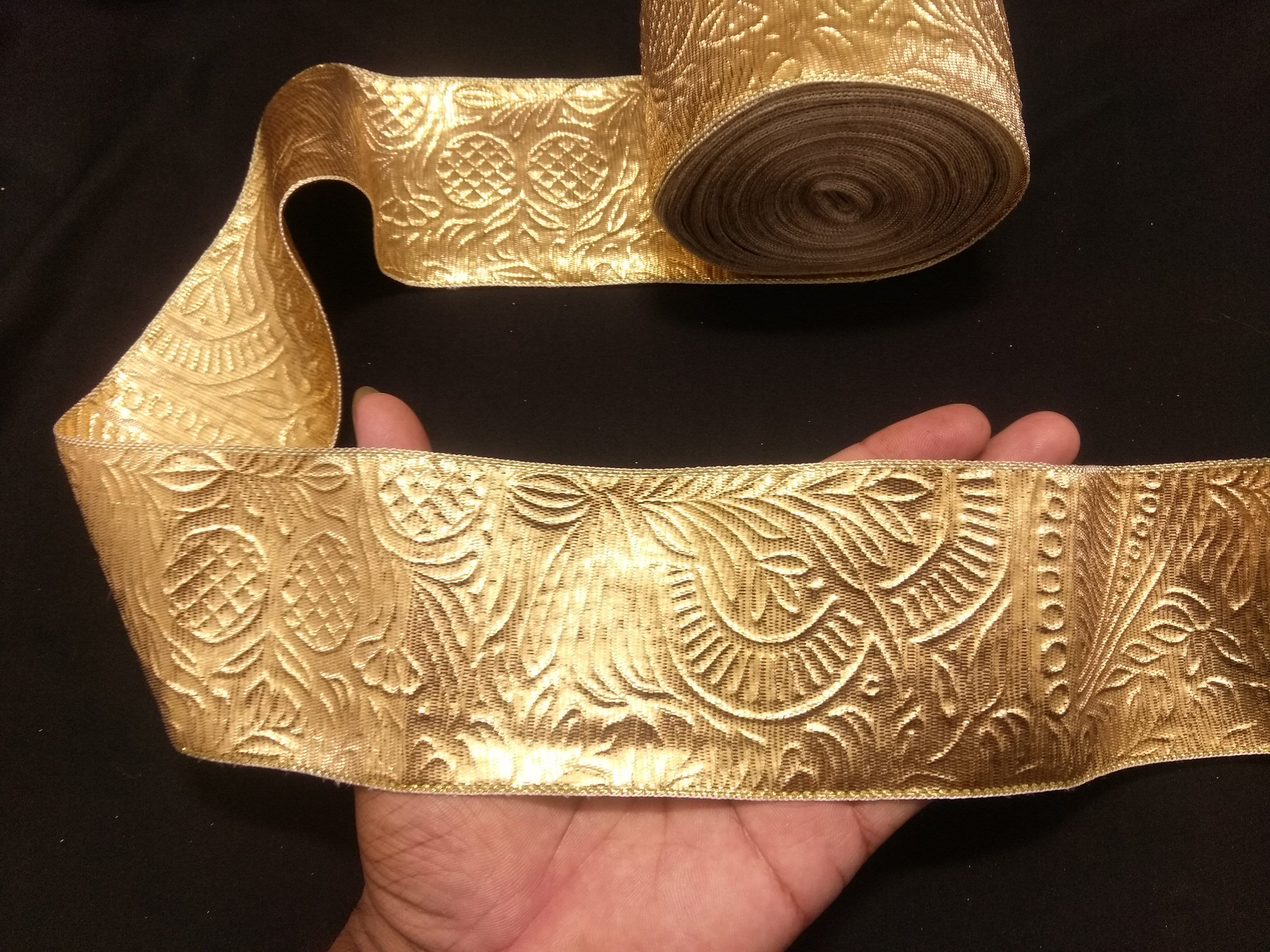 Metallic Gold Floral Jacquard Ribbon Trim: Indian Embellishment Design
