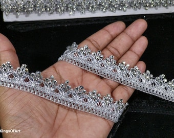 Garniture en dentelle à franges florales, perles et argent indien pour la décoration de robes avec bordure décorative pour travaux manuels, couture et accessoires en tissu