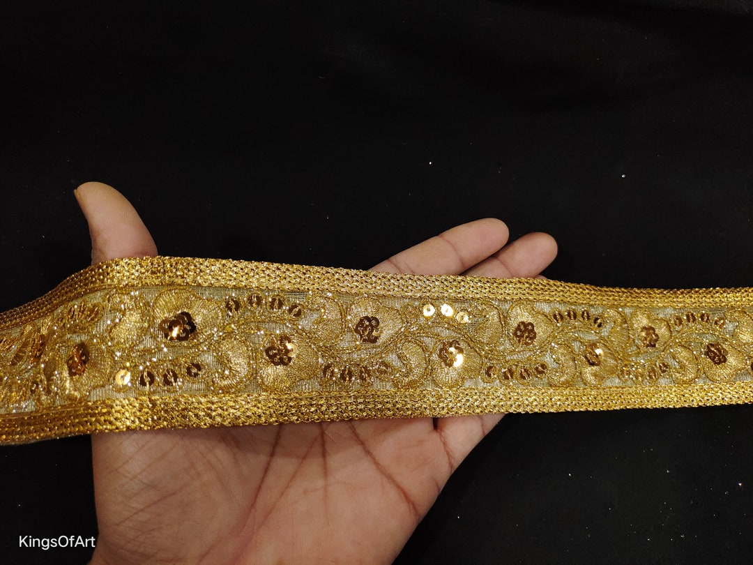 Indian Gold Floral Embroidered Sequin Jacquard Ribbon Lace - Etsy