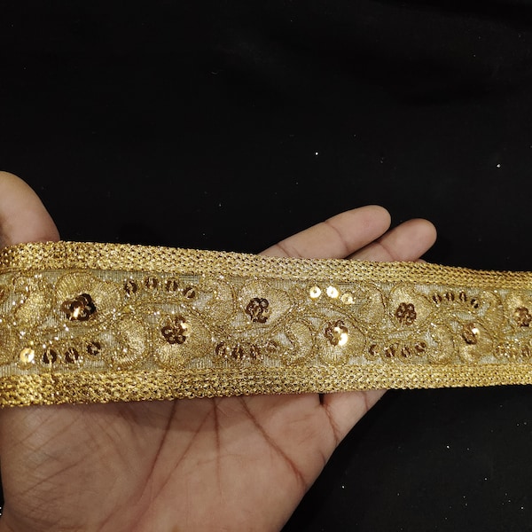 Indian Gold Floral Embroidered Sequin Jacquard Ribbon Lace Trim With Embellishment Look For Crafting Sewing And Cloth Accessories