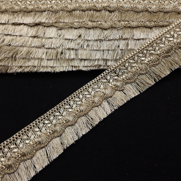 Metallic Beige Gold Brush Fringe Ribbon Lace Trim With Embellishment Border For Crafting, Sewing And Cloth Accessories.