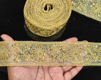 Indian Beaded Gold Floral Embroidered On Net Fabric Ribbon Lace Trim