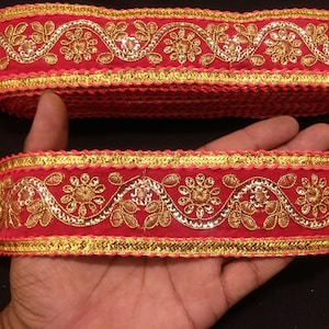 Indiano vermelho e dourado floral bordado lantejoulas jacquard fita renda acabamento com enfeite olhar para artesanato costura e acessórios de pano