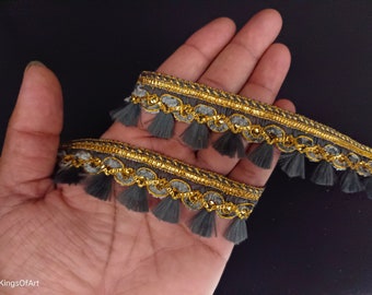 Indian Gold and Gray Tassels Fringe Lace Trim With Embellishment Border For Crafting, Sewing And Cloth Accessories.