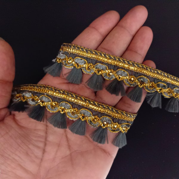 Gold & Gray Tassels Fringe Lace Trim: Embellished Sewing Border
