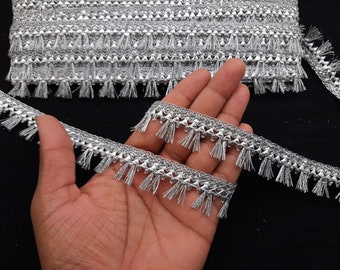 Indian Metallic Silver Indian hand work Tassels Fringe Lace Trim With Embellishment Border For Crafting, Sewing And Cloth Accessories.