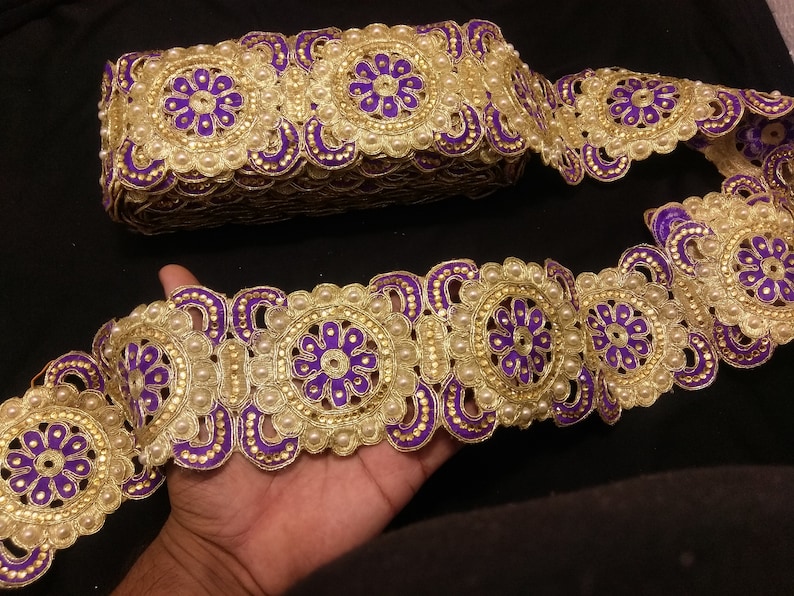 Floral Beaded Trim Gold beaded Lace Indian Beaded Gold And Purple Floral Embroidered Ribbon Lace Trim Gold Beaded Trim Indian Trims
