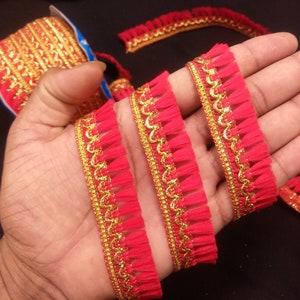 Indian Gold And Red Indian hand work Tassels Fringe Lace Trim For Embellishment Border For Crafting, Sewing And Cloth Accessories.