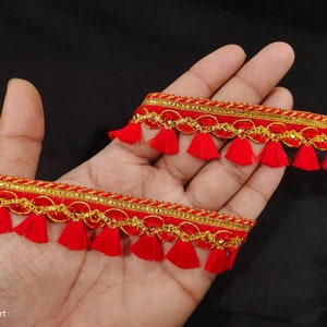 Bordure en dentelle tissée rouge indien avec franges brossée et bordure décorative pour travaux manuels, couture et accessoires en tissu. image 1