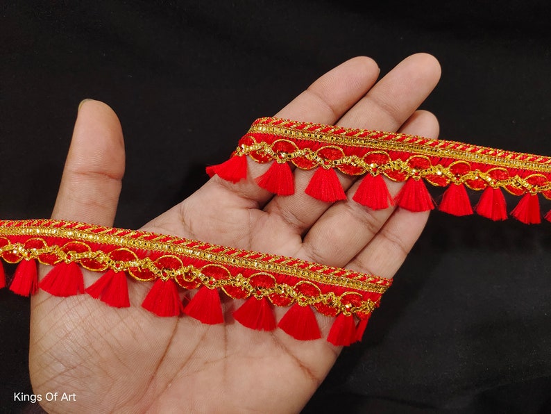 Bordure en dentelle tissée rouge indien avec franges brossée et bordure décorative pour travaux manuels, couture et accessoires en tissu. image 1