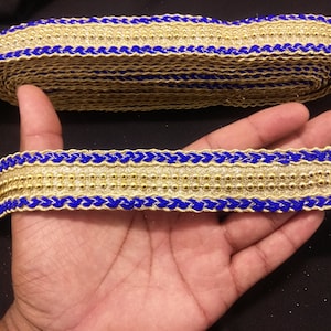 Indian Gold And Blue Beaded Ribbon Lace Trim For Decoration Of Dresses With Embellishment Border For Crafting And Cloth Accessories