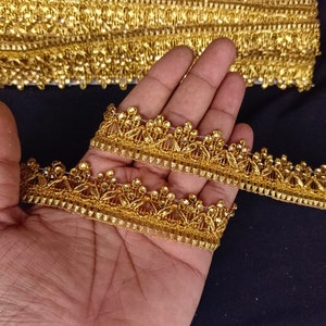 Indian Gold Beaded Floral Fringe Lace Trim For Decoration Of Dresses With Embellishment Border For Crafting, Sewing And Cloth Accessories