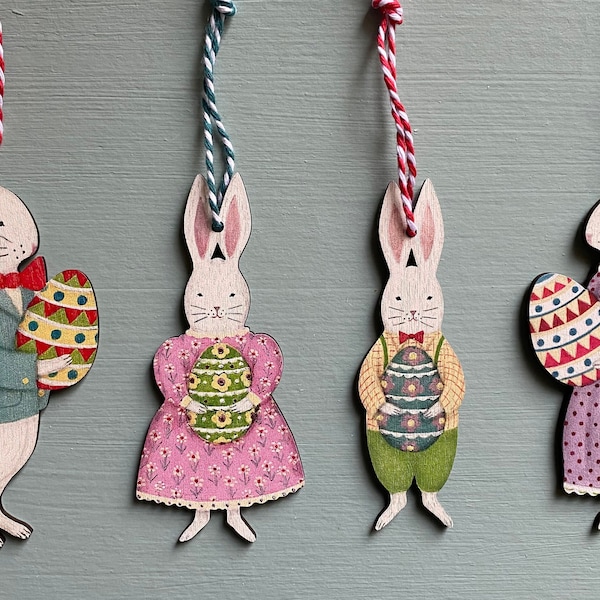 Easter Bunny Family Collection- four wooden hanging decorations