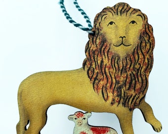 Lion and Lamb - wooden hanging decoration