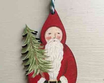 Santa Claus with Christmas Tree - wooden hanging decoration