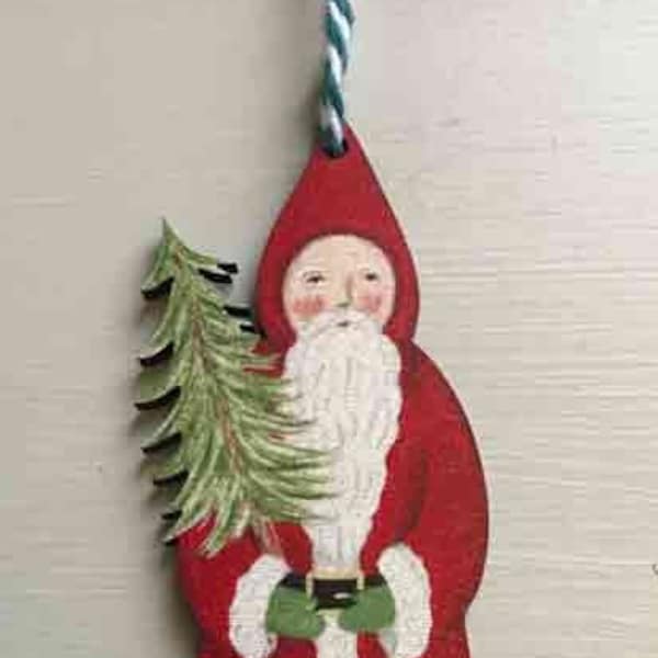 Santa Claus with Christmas Tree - wooden hanging decoration