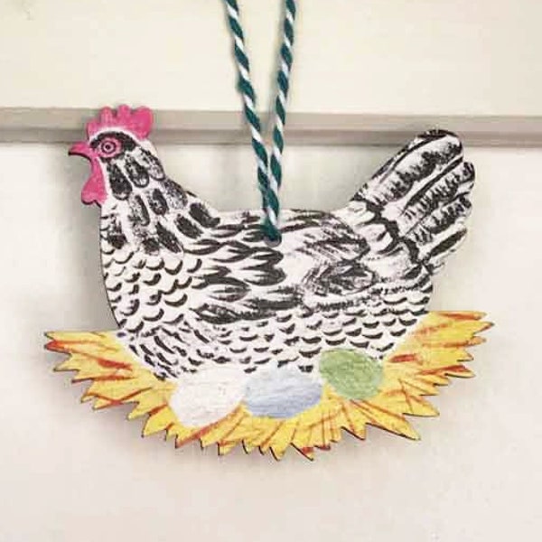 Hen on Nest - wooden hanging decoration