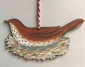 Thrush in Nest - wooden hanging decoration