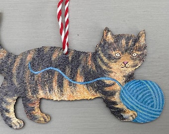 Kitten with Wool Ball - wooden hanging decoration