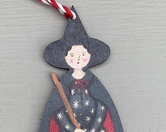 Witch Cat and Pumpkin - wooden hanging decoration