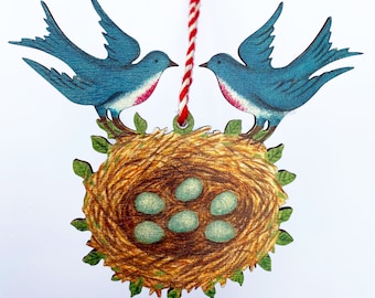 Blue Birds and Nest - wooden hanging decoration