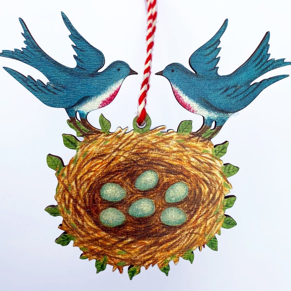 Blue Birds and Nest - wooden hanging decoration