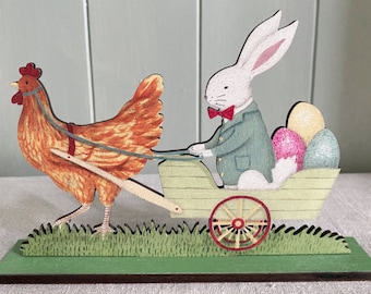 Easter Rabbit Cart – wooden mantle ornament