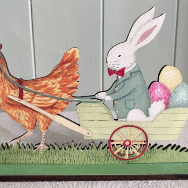 Easter Rabbit Cart – wooden mantle ornament