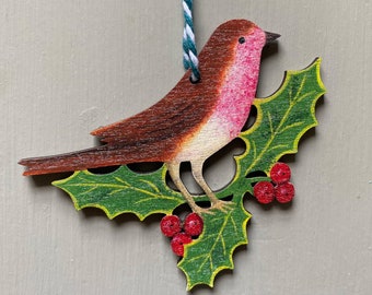 Holly Robin - wooden hanging decoration