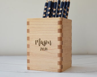 Personalized Wood Desk Pencil Pen Holder Organizer