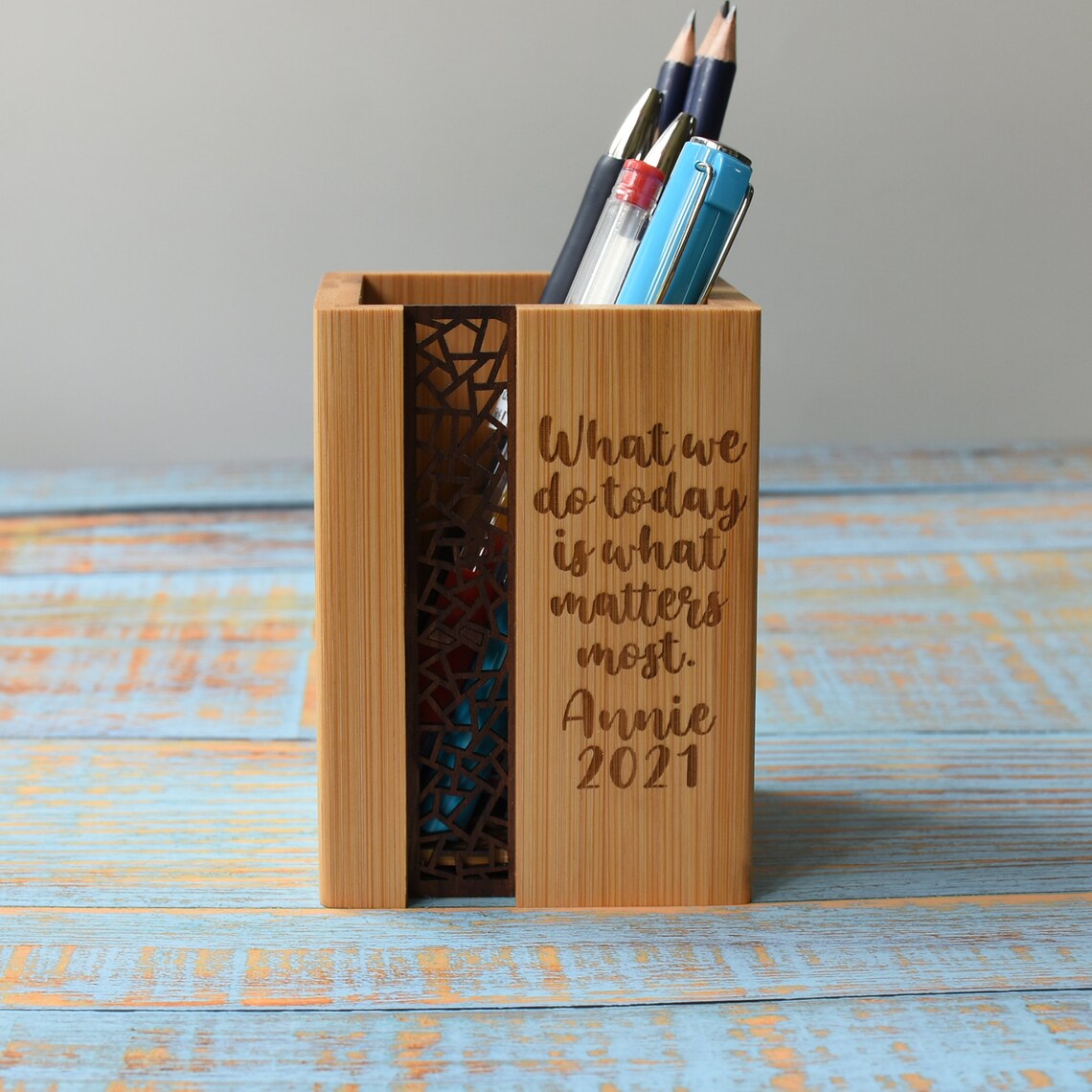 Personalized Bamboo Pen Holder for Desk Etsy