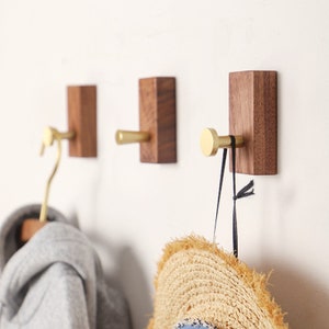 Walnut and Brass Wall Hooks Self Adhesive