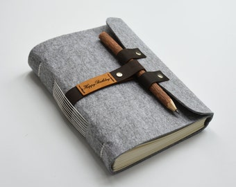 Wool Felt Cover Journal Notebook Dark Grey Travel Diary 7 x 4.5 Trip Planner 