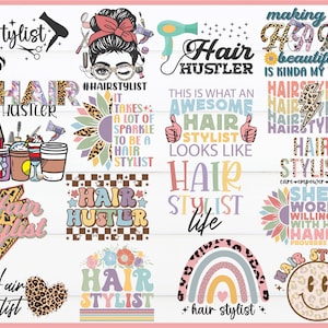 Hairstylist Svg Png Bundle Hairdresser Barber Hair Hustler Life Kinda Day Beautician Salon Messy Bun Leopard Print Bolt Rainbow