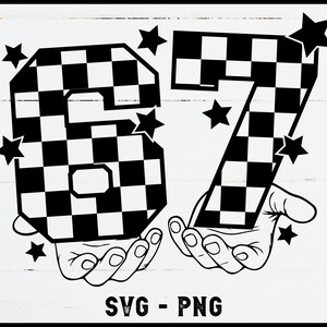 May include: Black and white graphic of the number 67 in a checkered pattern, held by two hands. The numbers are surrounded by black star shapes. The text "SVG - PNG" is at the bottom.