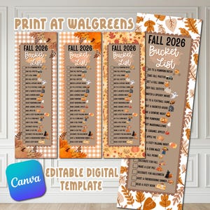 May include: A set of four vertical Fall 2026 Bucket List templates featuring checklists with seasonal icons like pumpkins, leaves, and ghosts. The designs include text headers, checkboxes, and various autumn-themed graphics on checkered or floral backgrounds.