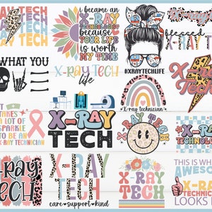 Pode incluir: Uma coleção de designs digitais coloridos com o texto "X-Ray Tech" em várias fontes e estilos. Alguns designs incluem um arco-íris, uma caveira e ossos cruzados, um raio, um girassol e um rosto sorridente. Os designs são perfeitos para criar camisetas, canecas, bolsas e outros itens personalizados.