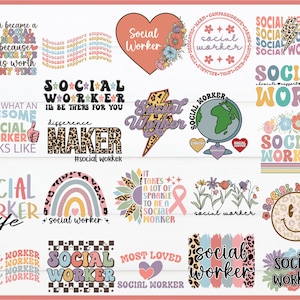 Pode incluir: Uma coleção de 15 designs digitais coloridos com a frase "Assistente social" em várias fontes e estilos. Os designs incluem corações, arco-íris, flores e um globo terrestre.