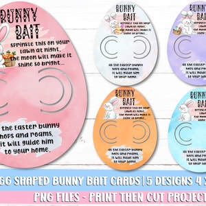 May include: Five printable Easter bunny bait cards in different pastel colors. Each card is shaped like an egg and features a bunny rabbit illustration, the text "Bunny Bait", and instructions to sprinkle the bait on the lawn at night. The cards are 4 x 5 inches.