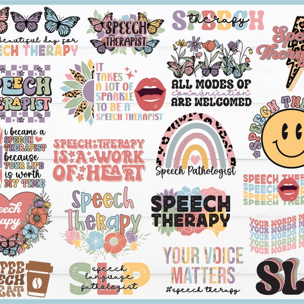 Speech Therapy Svg Png Bundle Speech Language Pathologist Work Of Heart Motivational Quotes Coffee Speech Repeat SLP Life Rainbow Floral