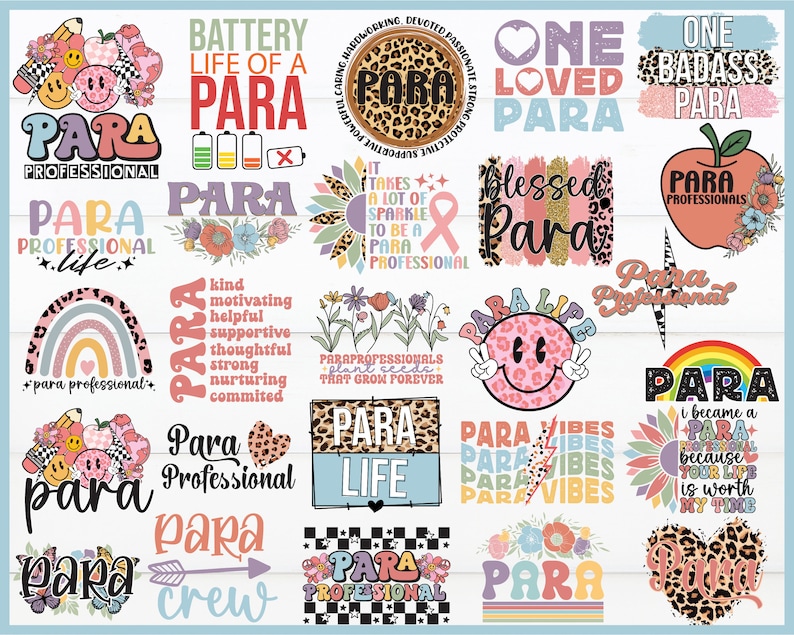 Pu&ograve; includere: Una collezione di design digitali colorati con la parola "Para" e varie frasi e grafiche. I design includono un arcobaleno, un cuore, un girasole, una batteria, un segno di pace e una stampa leopardata. I design sono perfetti per creare t-shirt, tazze, borse a tracolla e altri articoli personalizzati.
