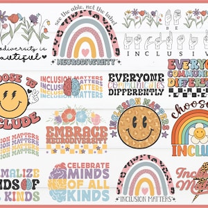 Inclusion Svg Png Bundle Retro Inclusion Matters Life Embrace Neurodiversity Autism Quotes Flowers Boho Rainbow Leopard Print