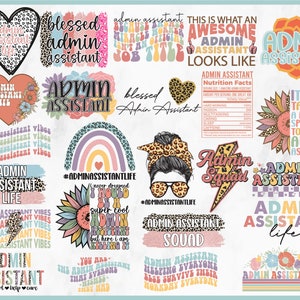Könnte beinhalten: Eine Sammlung von bunten digitalen Designs mit dem Text "Admin Assistant" in verschiedenen Schriftarten und Stilen. Die Designs beinhalten Regenbögen, Herzen, Blumen und andere dekorative Elemente. Der Text "Admin Assistant" wird mehrmals in verschiedenen Farben und Stilen wiederholt.